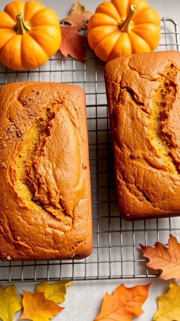 Moist Pumpkin Bread Loaves Recipe Two golden brown pumpkin bread loaves cooling on a rack, surrounded by autumn decorations.